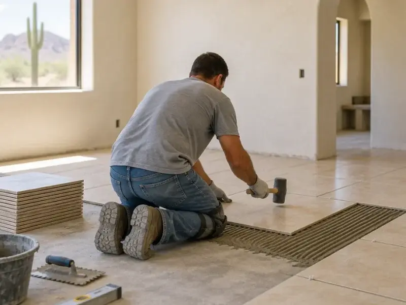 Worker kneeling on a floor, setting a ceramic tile onto adhesive with a rubber mallet.