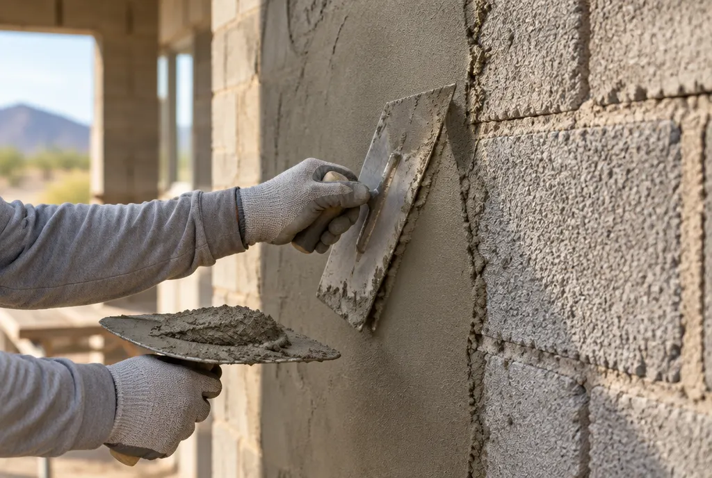 Gloved hands spreading plaster on a masonry wall with a trowel and hawk.