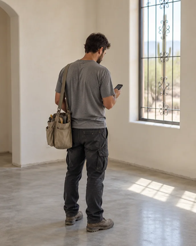 Tradesman in a freshly painted room looking at his phone, seen from behind.