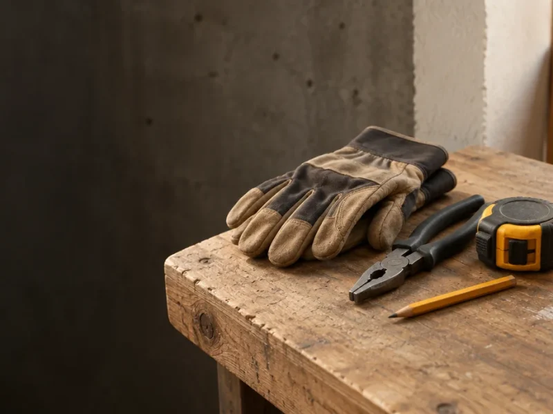 Work gloves, pliers and a tape measure on a workbench.
