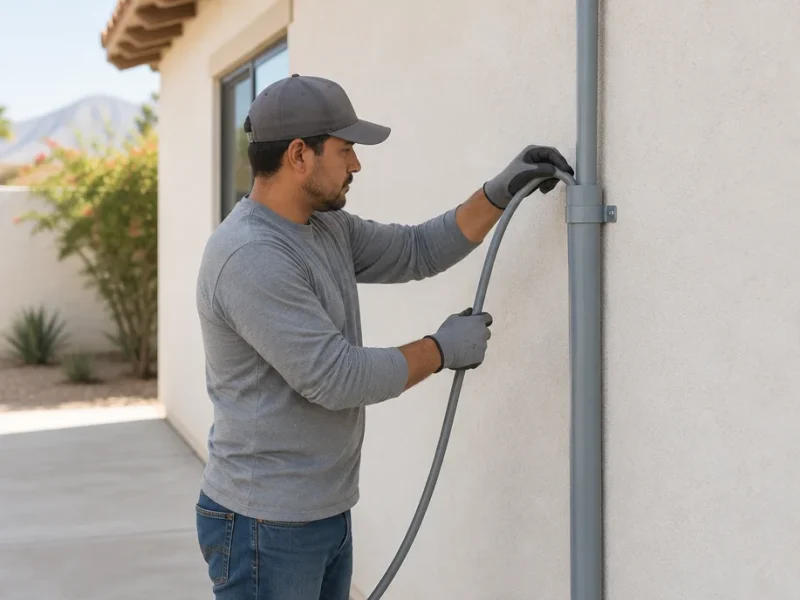 Electrician in profile feeding grey cable into a conduit run on the exterior wall of a house.