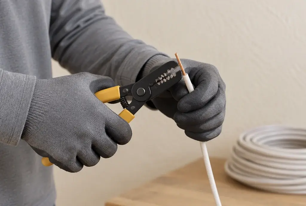 Gloved hands stripping the insulation from a copper wire with a wire stripper.