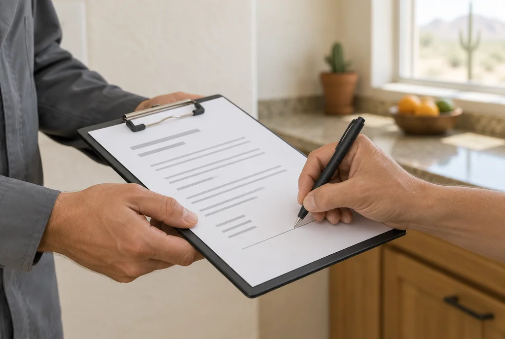 Hands signing a form on a clipboard.
