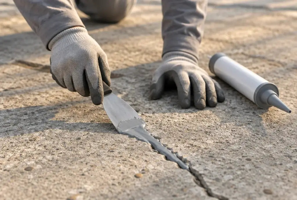 Gloved hands pressing sealant into a crack in a concrete rooftop slab with a putty knife.