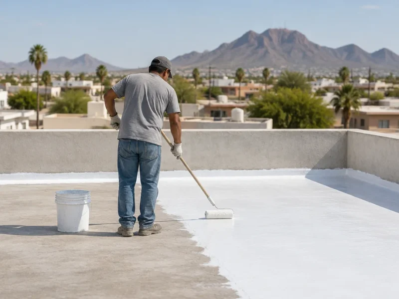 Worker rolling white waterproofing coating across a flat rooftop with a long-handled roller, seen from behind.
