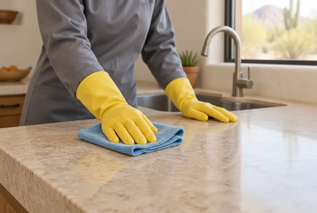 Gloved hands wiping a stone kitchen counter with a microfiber cloth.