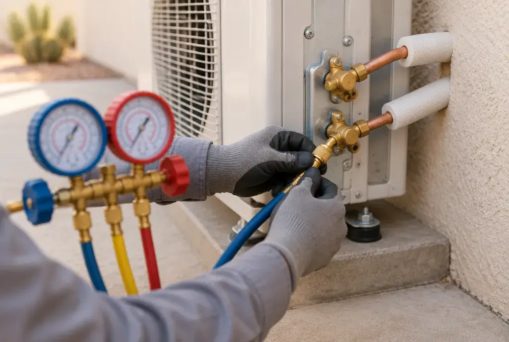 Gloved hands connecting a gauge hose to the outdoor unit of a minisplit air conditioner.