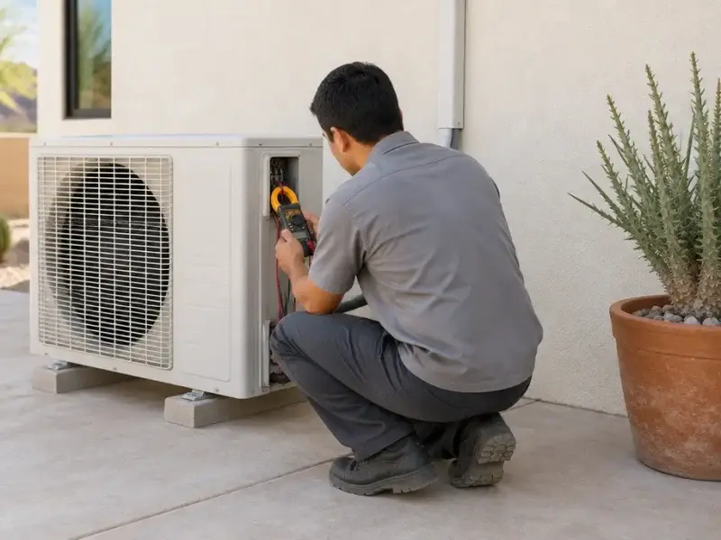 Technician crouched beside the outdoor unit of a minisplit, checking its wiring with a clamp meter.