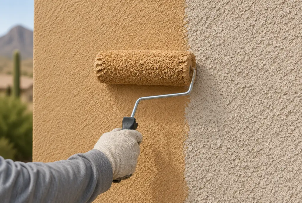 Paint roller applying sand-colored paint to a textured stucco wall.