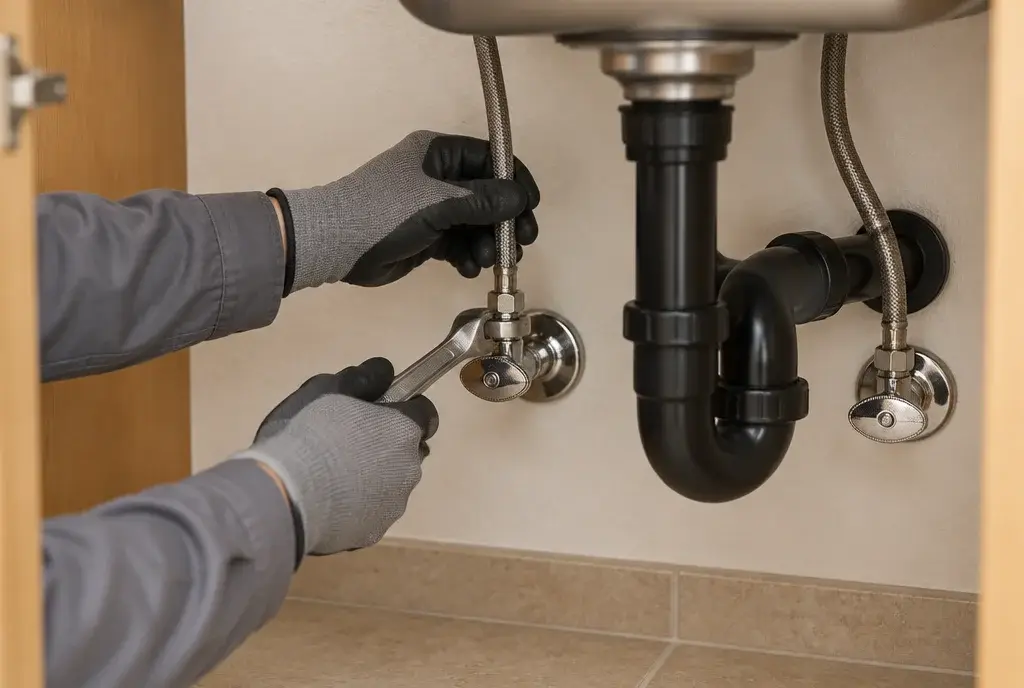 Gloved hands tightening a braided supply line to the shut-off valve under a kitchen sink.
