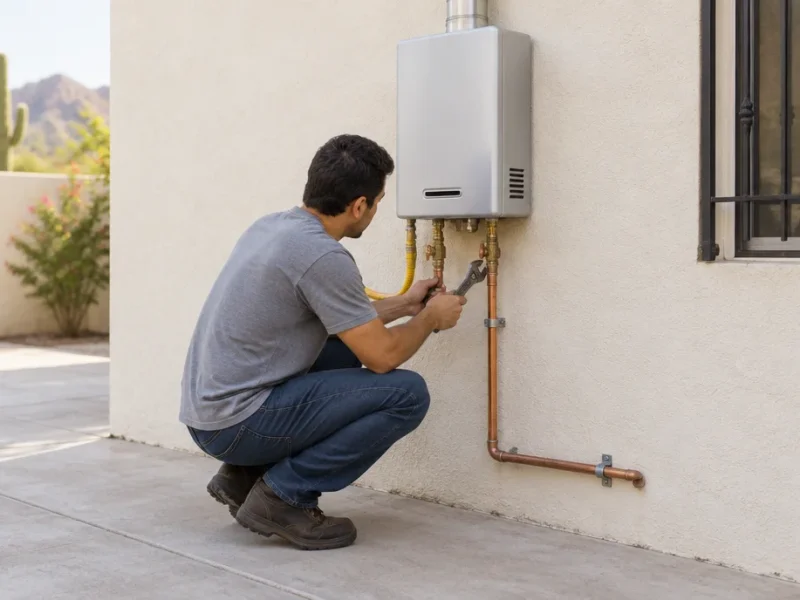 Technician crouched beside a wall-mounted gas water heater, tightening a pipe fitting with a wrench.