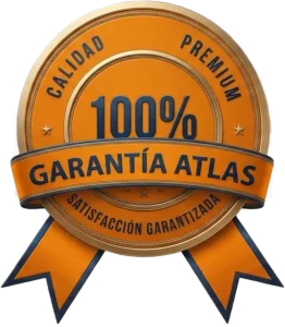 Sello naranja con listón que dice "Garantía Atlas, 100% satisfacción garantizada".
